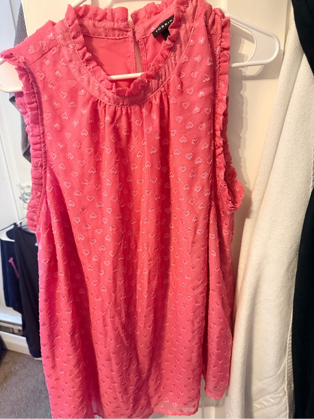 torrid Coral-Pink Ruffle Trim Heart-Texture Sleeveless Top